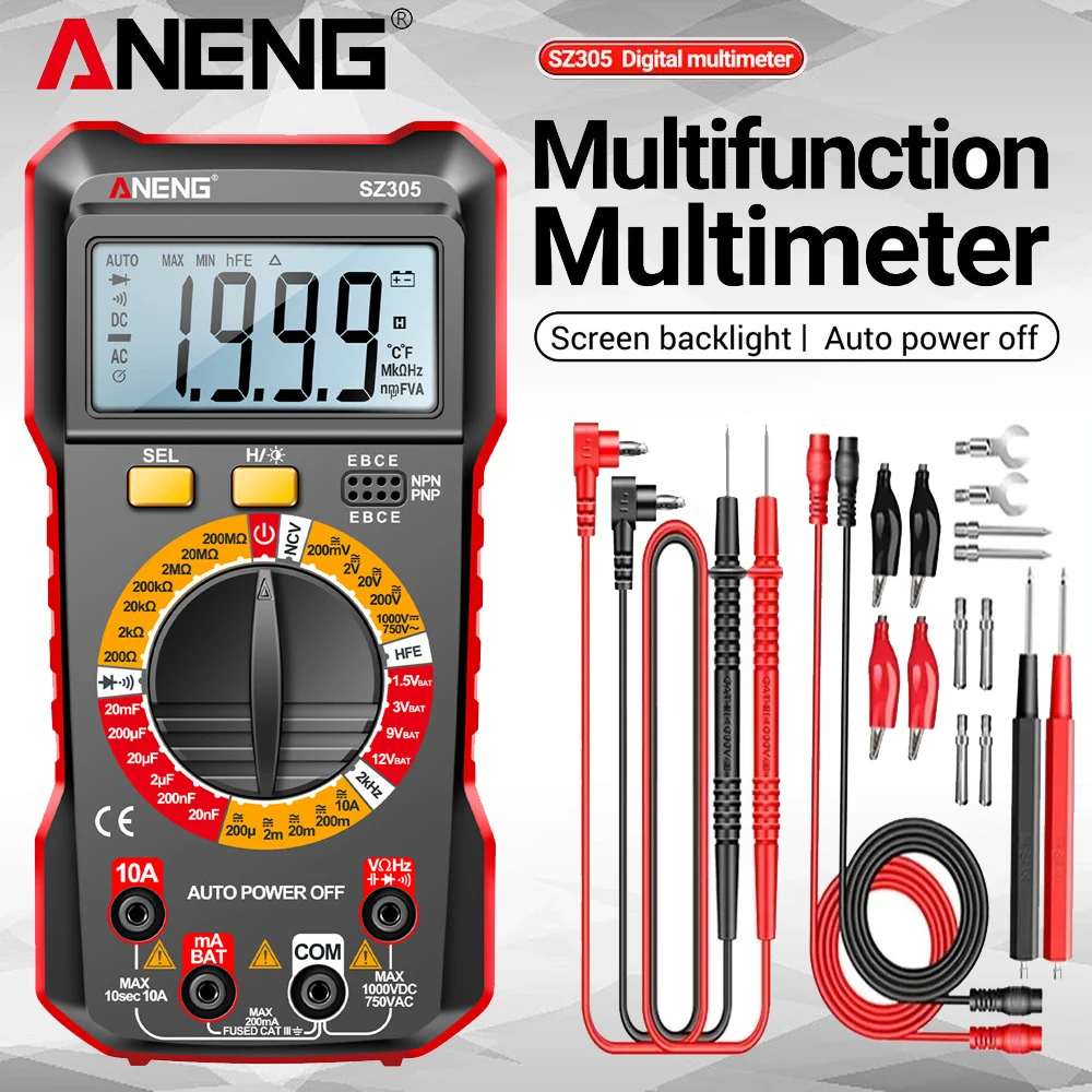 اختبار متعدد القياسات المهنية ANENG SZ305 الرقمية AC / DC الجهد الحالي NCV الجهد الاستقراء hFE الثلاثي ثنائي قياس متعدد القياسات أدوات الكهربائي