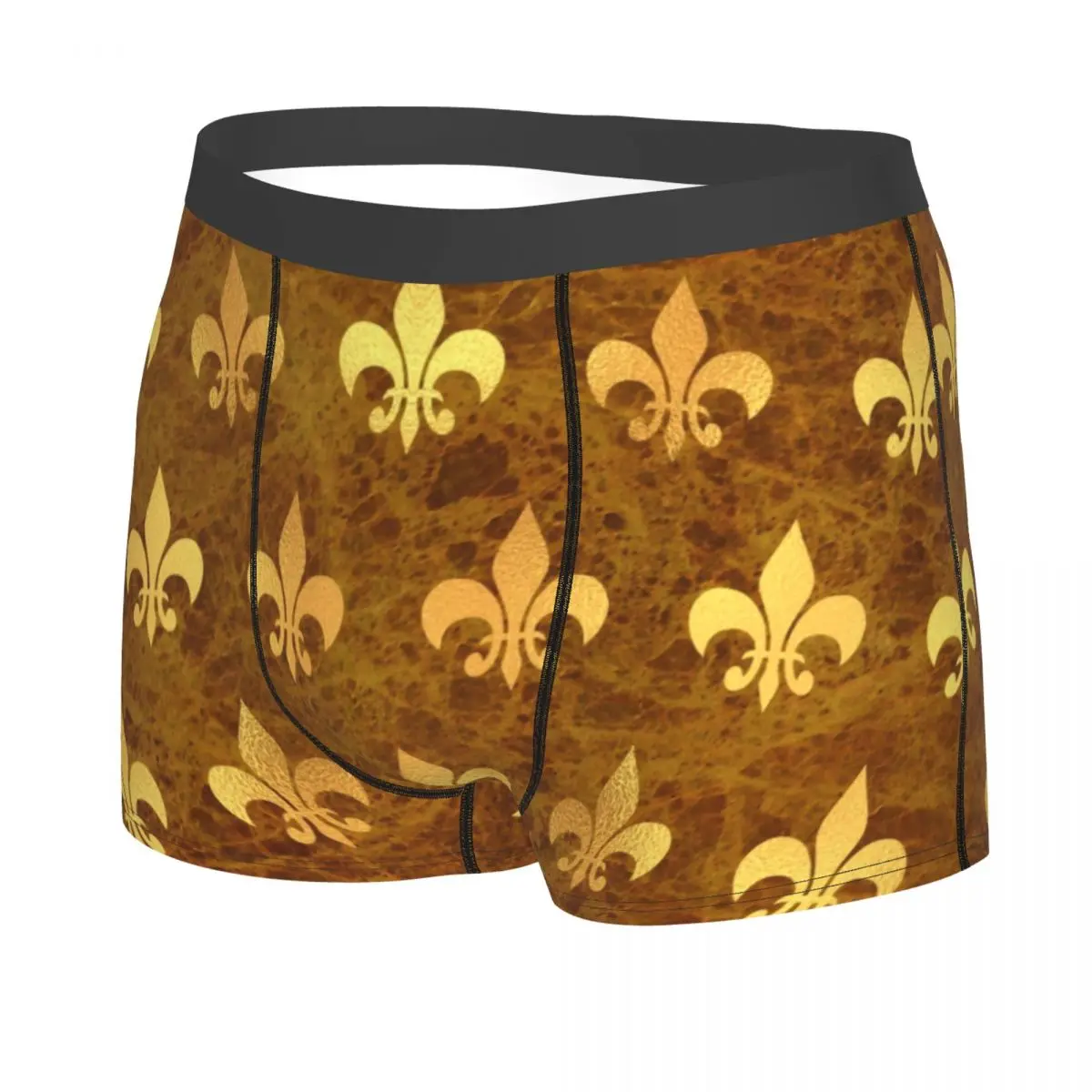 Custom Royal Gold Brown Marble Fleur De Lis Underwear Men Breathbale Lily Flower Boxer Briefs