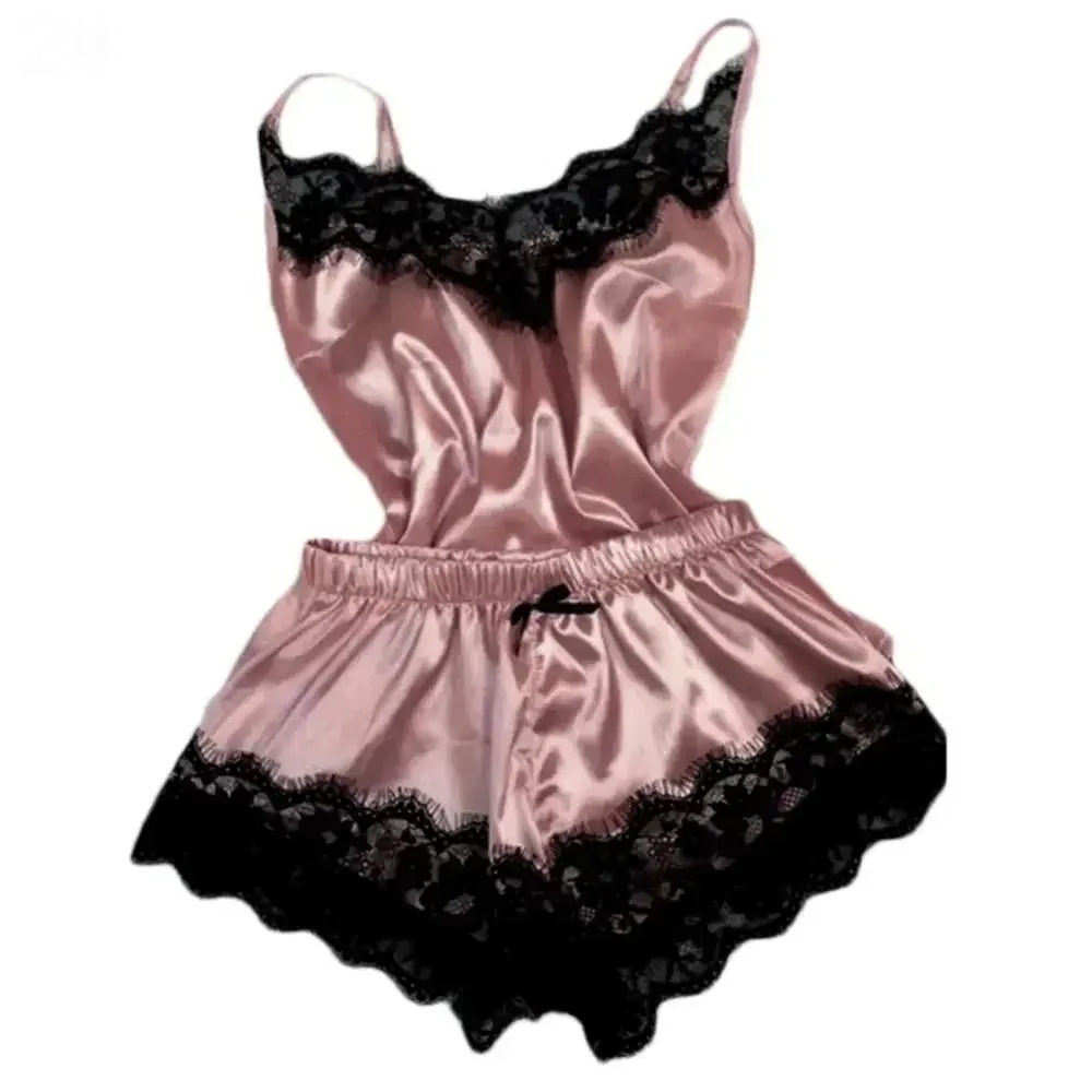 

Bowknot Lace Pajama Suit V-Neck Sleeveless Two Pieces Nightwear Women Homewear Satin Ice Silk Shorts Camisole Nightdress Gifts