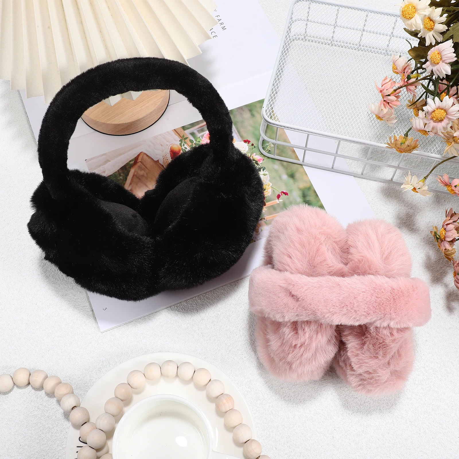 

2 pcs Furry Ear Muffs Winter Warm Earmuffs for Women Cold Weather Ear Covers Foldable Outdoor Ski Cycling