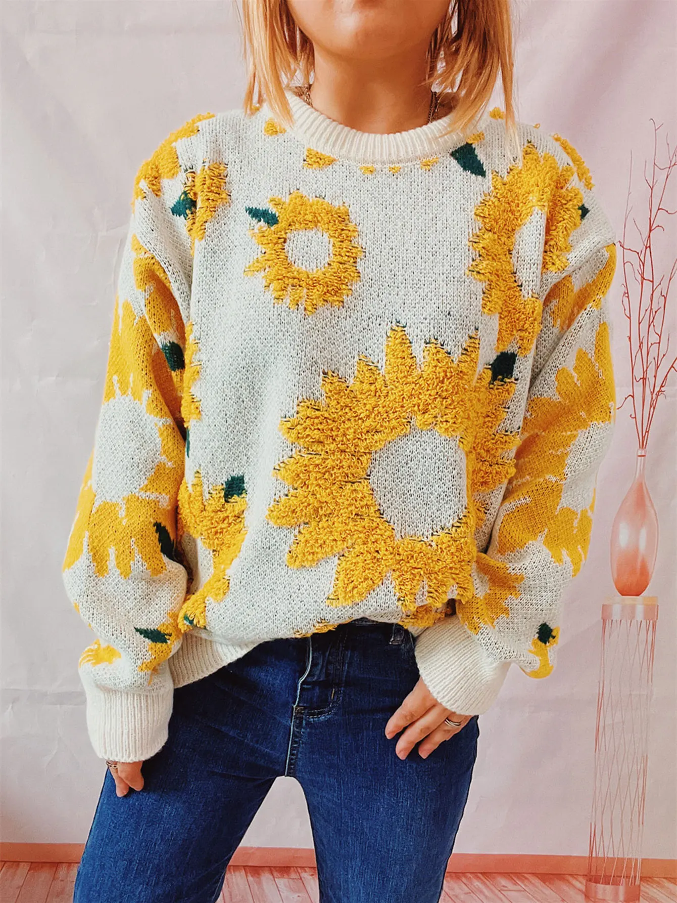 Women's Patchwork Floral Decor Long Sleeve round Neck Sweater for Autumn Winter Basic Daily Wear Fit Style