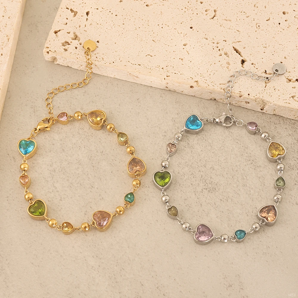 Exquisites Regenbogen-Herz-Kristallarmband für Damen, Edelstahl PVD 18K vergoldet, lichtbeständig, beliebtes Schmuckzubehör – Detail 4