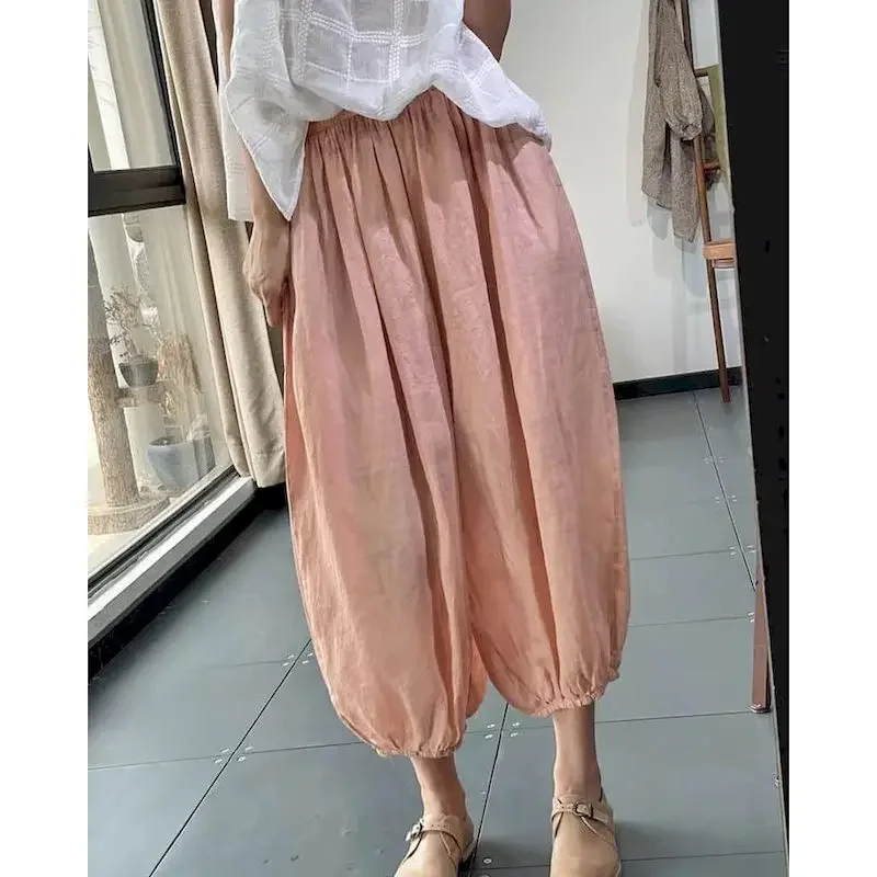 Calças de linho de algodão sólido solto casual vintage coreano moda harajuku calças lanterna cintura elástica roupas femininas