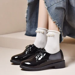 Nieuwe Effen Lederen Oxford Schoenen voor Vrouwen Flats Lace Up Vierkante Lage Hakken Casual Schoenen Vrouw Brogues Plus Size Zapatos De Mujer
