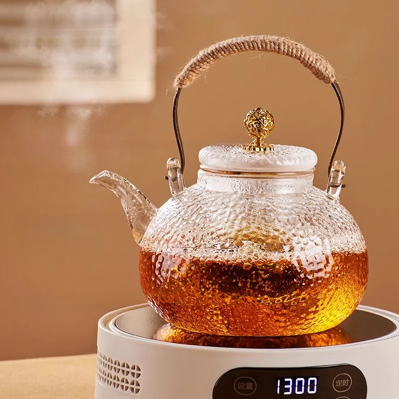 GIANXI Thickening High Borosilicate Glass Teapot Hammer Design Tea Pot Home Anti-Scald Braided Hemp Rope Beam Teapot