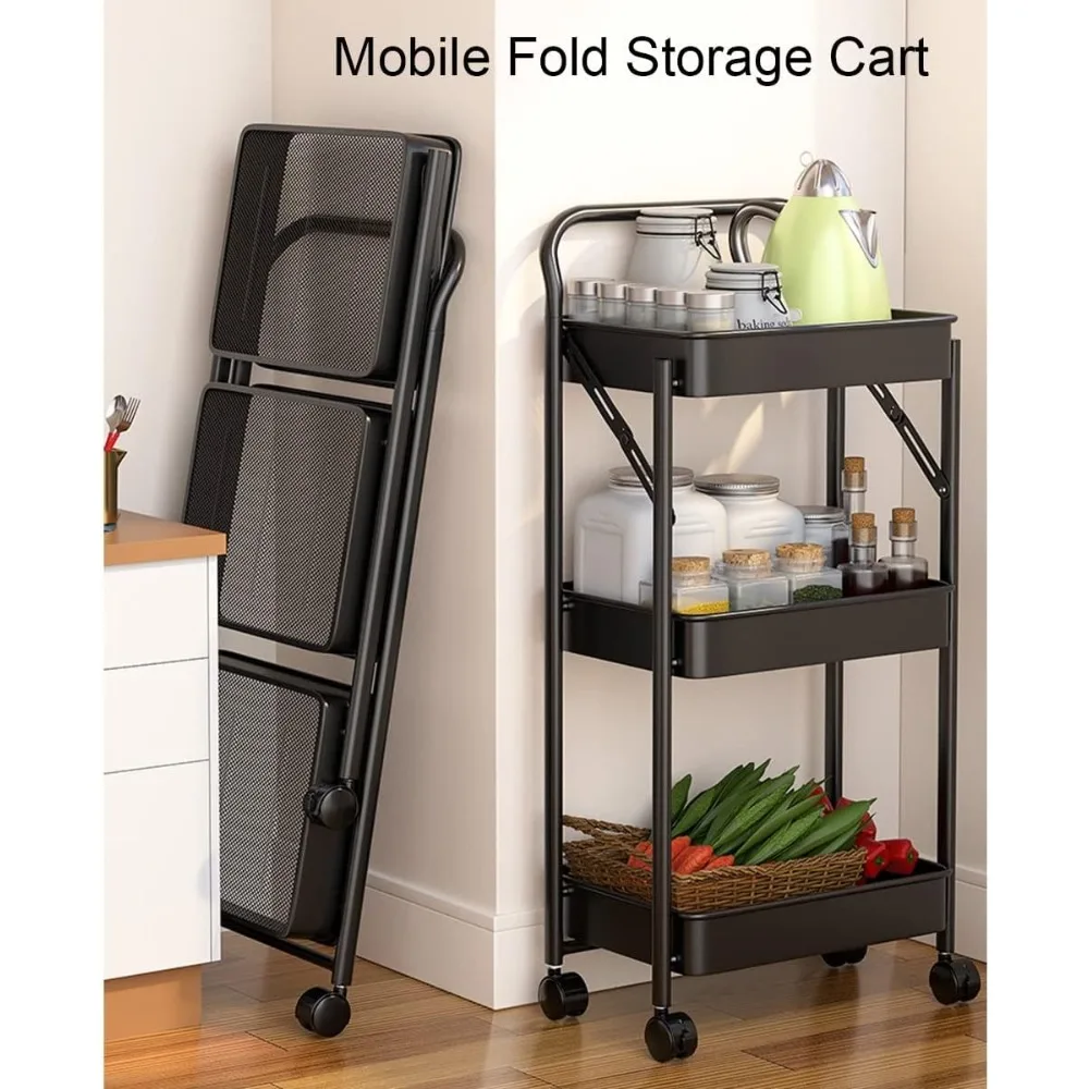عربة أدوات قابلة للطي لتخزين المطبخ والحمام مع أرفف متنقلة قابلة للخارج #4