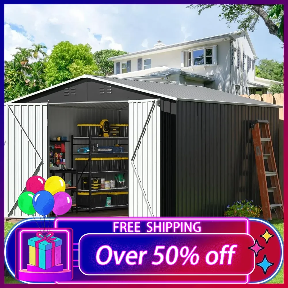 10x10 FT Outdoor Storage Shed, Garden Shed with Updated Frame Structure and Lockable Doors, Metal Tool Sheds for Backyard Garden