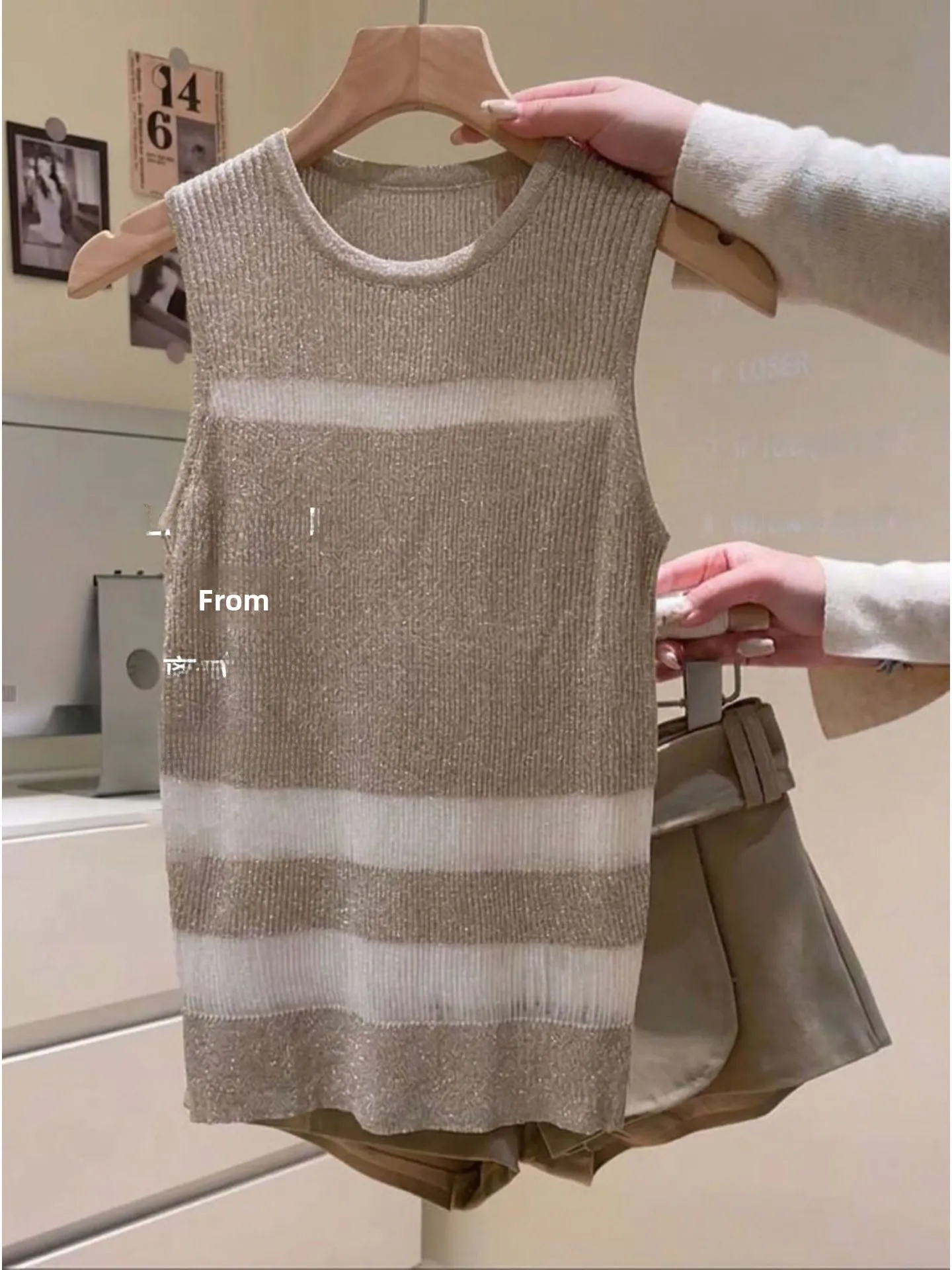 Kith Feeling Mesh See-through Sleeveless Vest Women's Quality Shiny Knitted Hollow out Vest Khaki Short Skirt Set