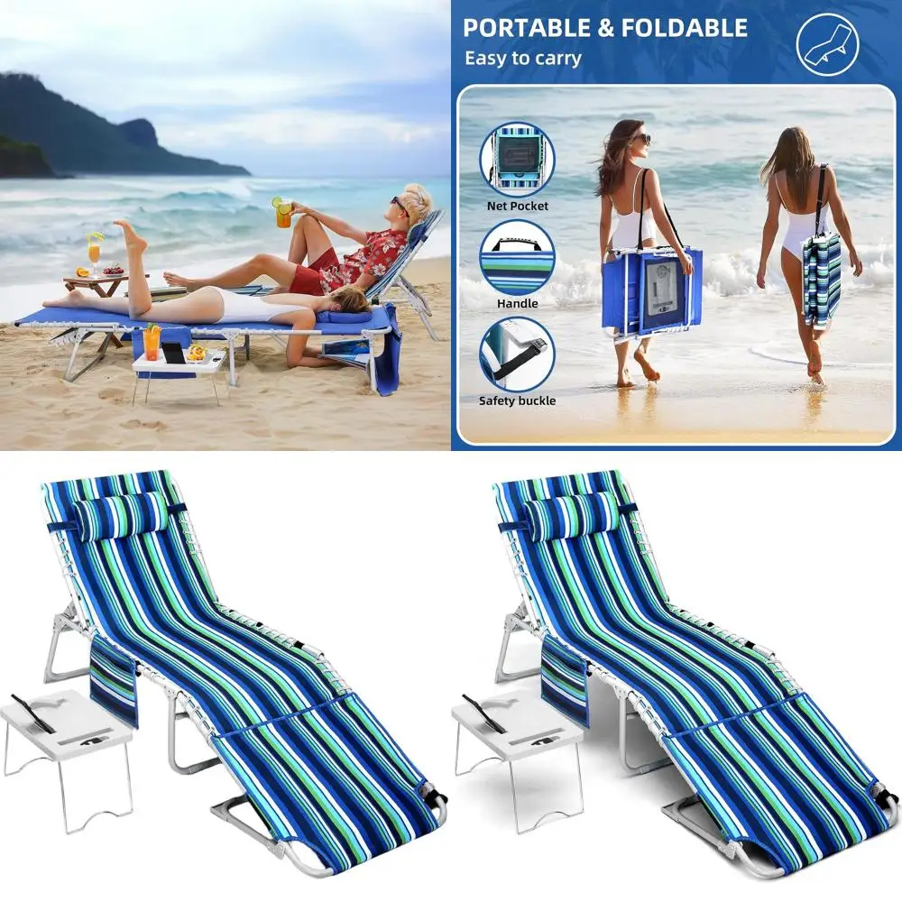 

3-in-1 Beach Chair Face Holes, Lounge Chair Outdoor with Folding Side Table, 5-Position Recliner, Lay Flat, Removable Pillow, He