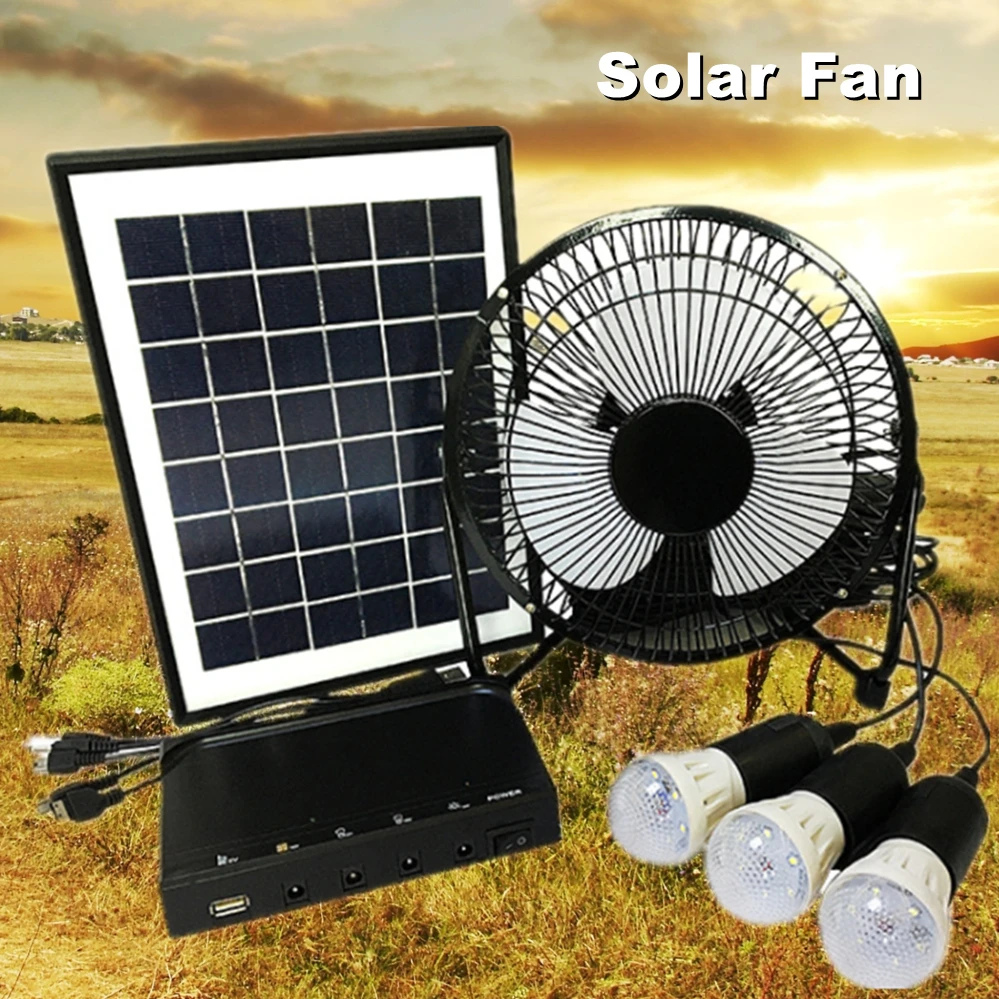 

8IN 12V Solar DC System Fan Solar Lighting Fan System Solar Power Generation System with 3 LED Bulbs Light for Indoor or Outdoor