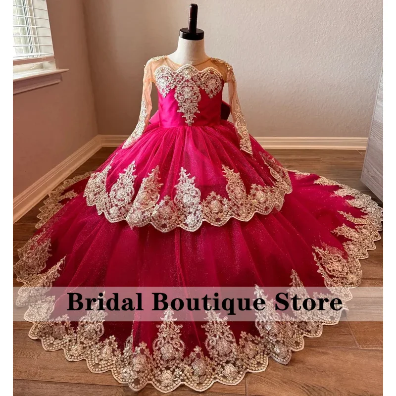 Hot Pink Flower Girl Dress for Wedding Gold Applique Luxury Girls Pageant Ball Gowns for Toddler with Long Train Customized