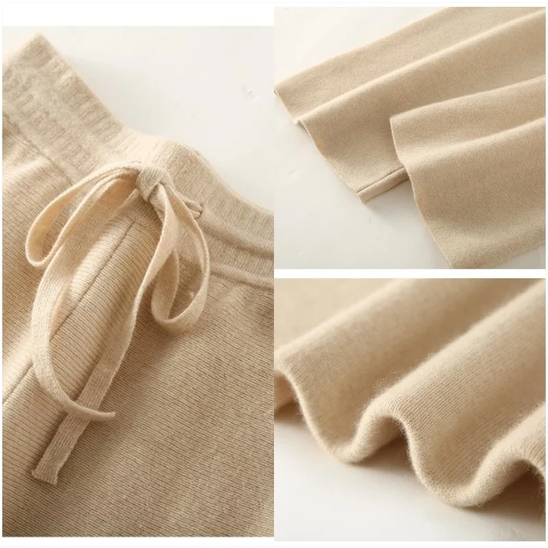 

Autumn Winter Women Cashmere Straight leg Pants Elastic Waist 100% Cashmere Knitted Thick Warm Trousers Pockets Solid Soft Pants
