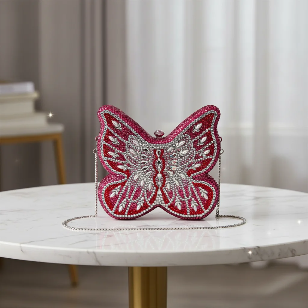 

High Quality New Clutch Bag Diamond-encrusted Flat Bottom butterfly Design Magnetic Clasp Closure Model for Evening Bag Luxury
