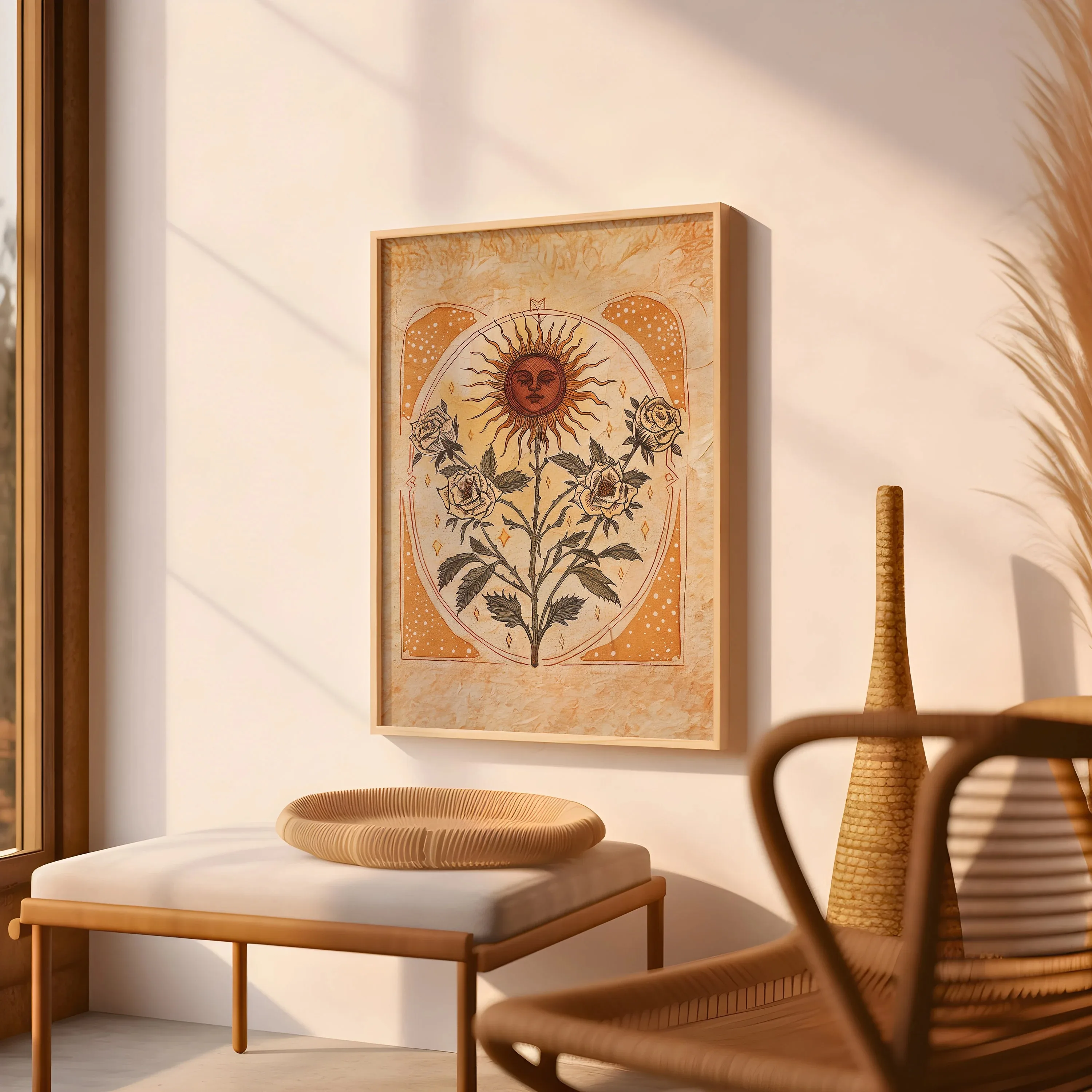 Sun Art Poster Mystical Folk Art Illustration Flowery Spiritual Print Botanical Rose Wall Art Earth Tones Flowery Bedroom Decor