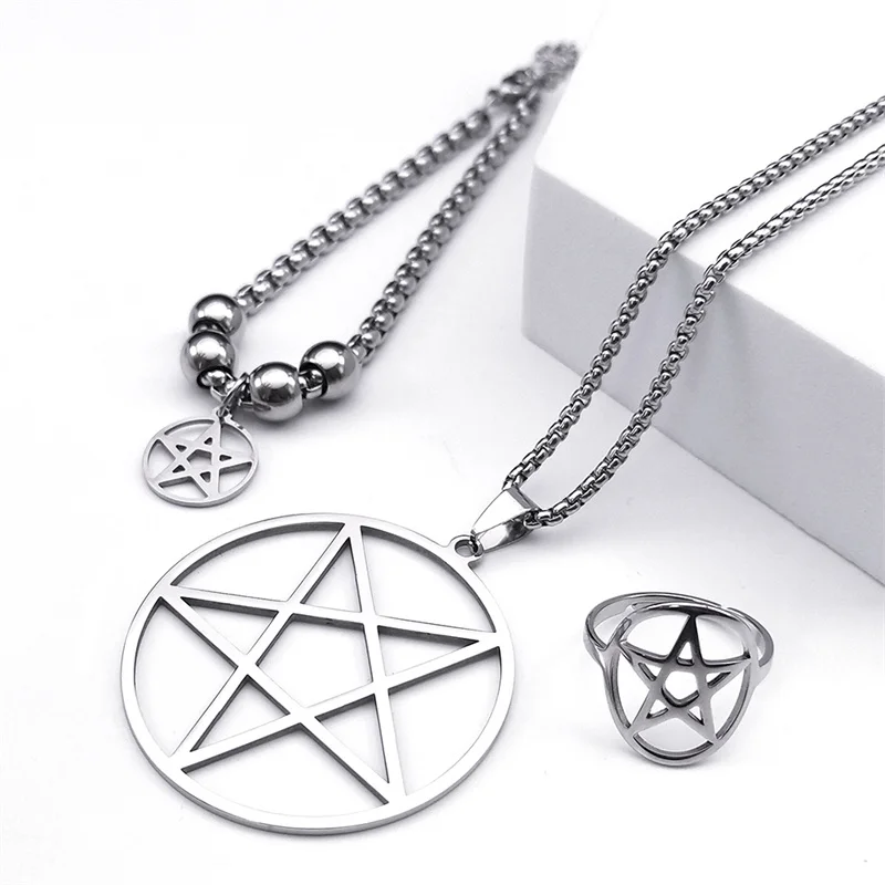 Stainless Steel Pentagram Pentacle Star Necklace for Women Men Punk Hoop Earrings Ring Bracelet Jewelry Set conjuntos de joyas