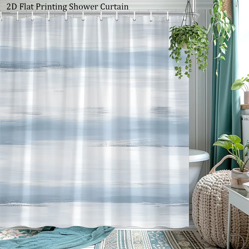 2D Flat, [2D Flat Printing]1pcs Beautiful Nautical Stripe Shower Curtain Blue and White Horizontal Stripes Bathroom Decor Bathtu