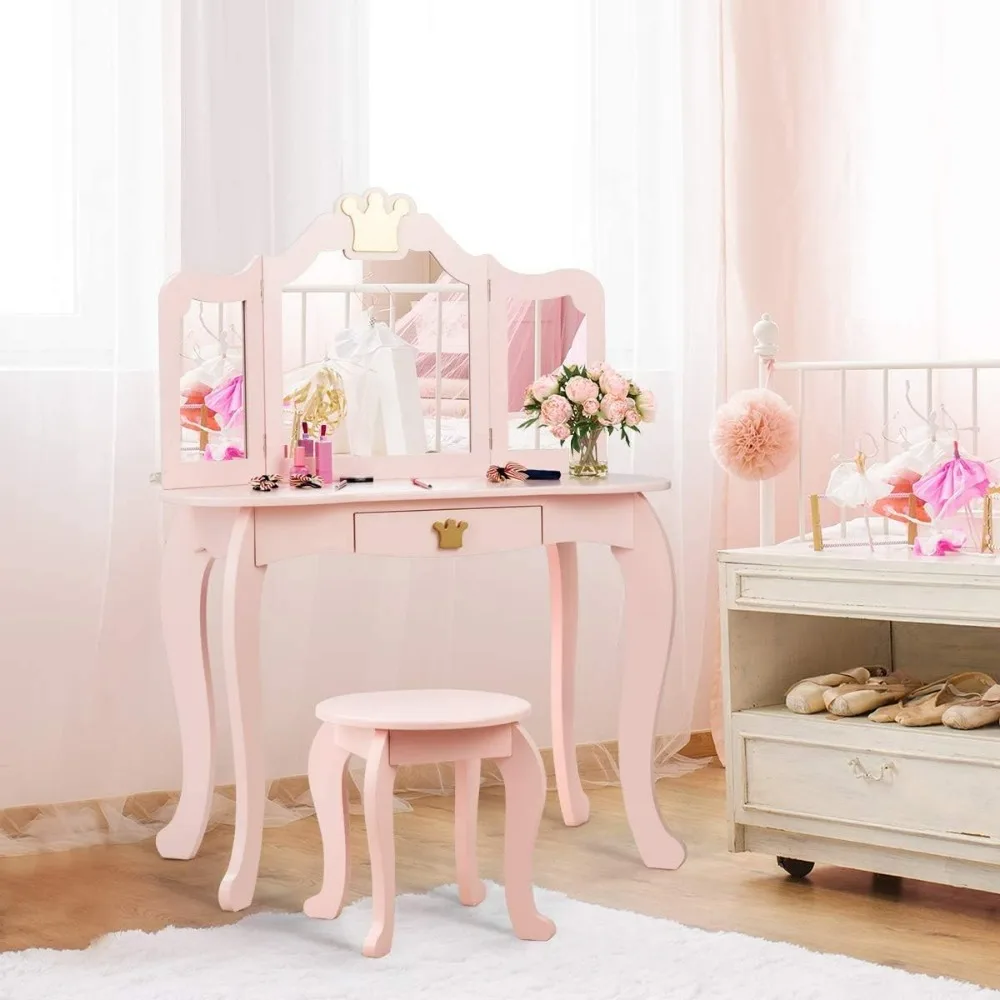 

Kids Vanity Table and Chair Set, Dressing Table with Drawer & Tri-Folding Mirror with Detachable Top, Beauty Play Vanity Set