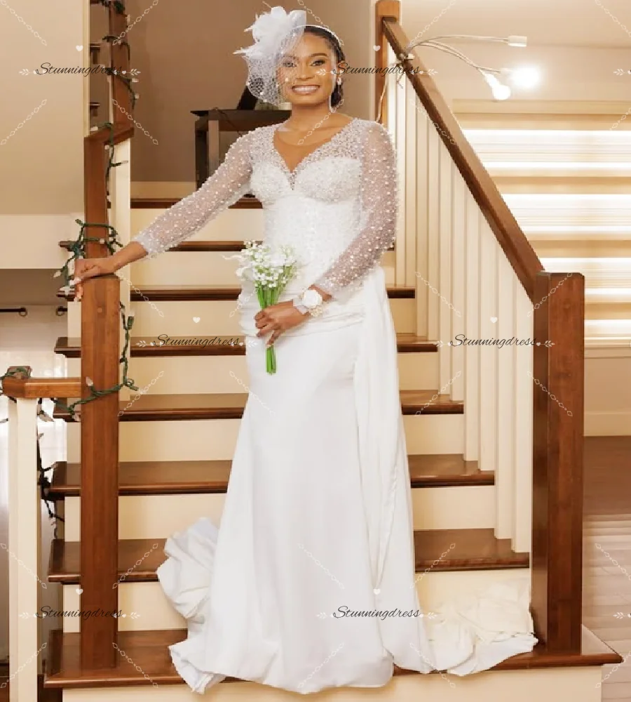 

Elegant Mermaid Bohemian Wedding Dress With Beaded Long Sleeve Pearls Boho Bridal Dresses 2026 Black Girls Rustic Civil Bodas