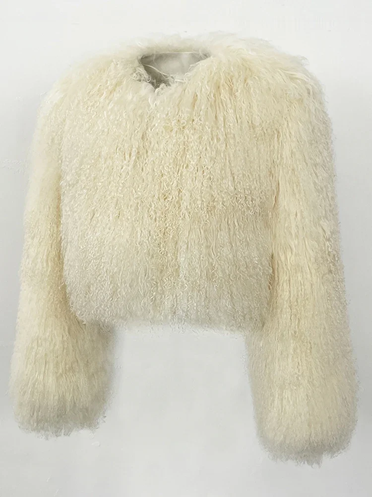 سترة نسائية من فراء الأغنام منغوليا الطبيعية لعام 2025 ملابس شتوية جديدة معطف فرو حقيقي قصير برقبة دائرية وأكمام طويلة
