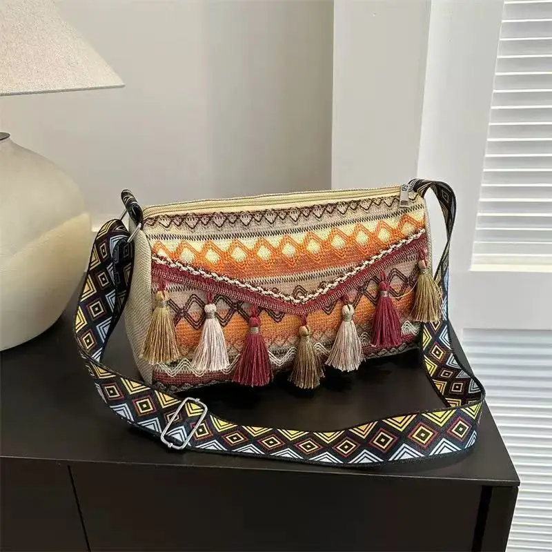 

Богемная сумка через плечо с кисточками, сумка через плечо с этническим ромбовидным узором, регулируемый широкий ремешок, холщовый кошелек, подарок на день Святого Валентина для женщин