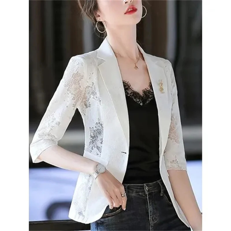 Summer Thin Western-Style Small Suit Jacket Female Short 2022 Summer Design Sense Niche Lace Hollow Suit Coat Women\'s One Button