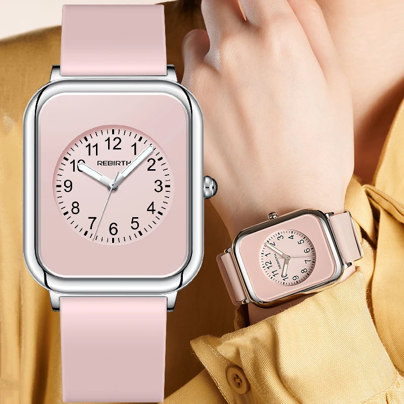 Square REBIRTH Top Brand Women Rubber Watch band Wrist Watches 2022 Pink For Ladies Quartz relogio feminino Women's