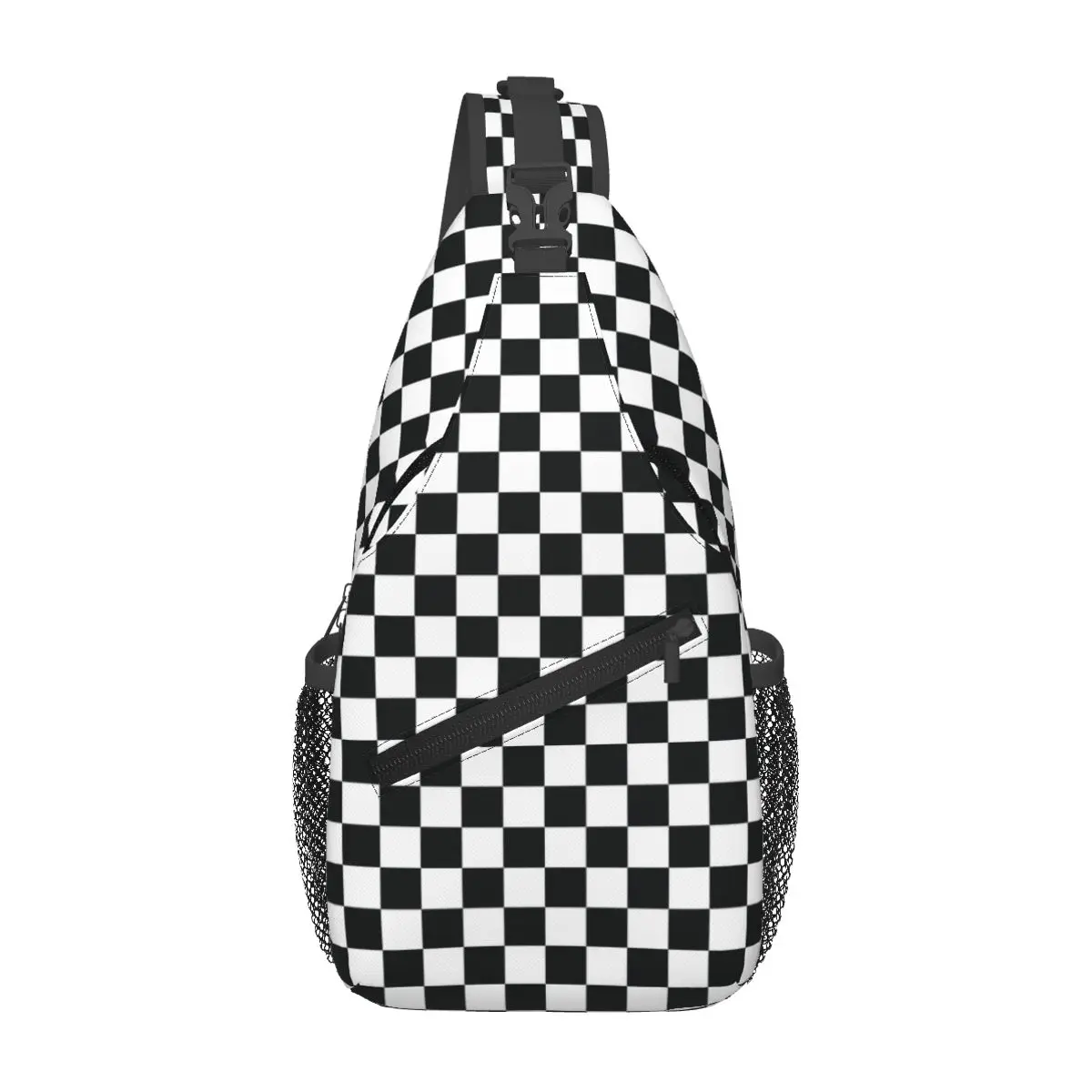 Custom Black White Checkered Plaid Grid Shoulder Crossbody Chest Backpack Shoulder Chest Bags Sling Bag for Traveling Hiking Bag