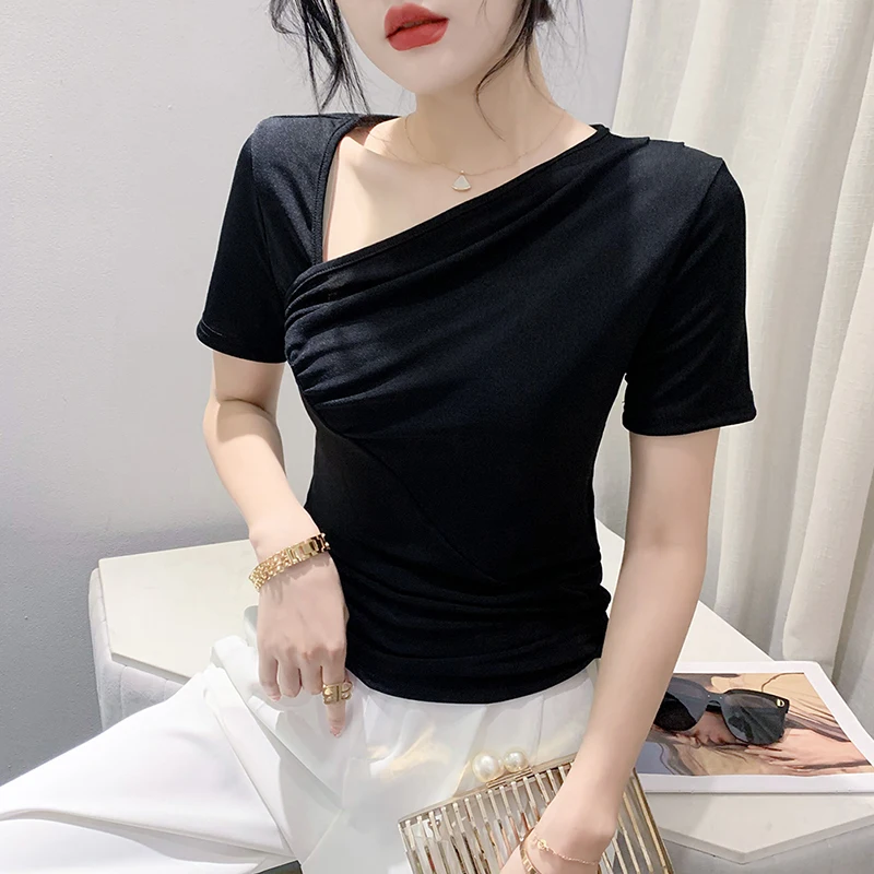Camiseta feminina slim fit ort sve gola assimétrica verão novo sle design europeu sentido irt linha dobrável topo