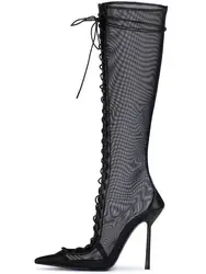 2025 Spring/Summer New Lace Short Mesh Cool Boots Side Zipper Banquet Slimming High Heels Sexy Knee Length Women's Boots