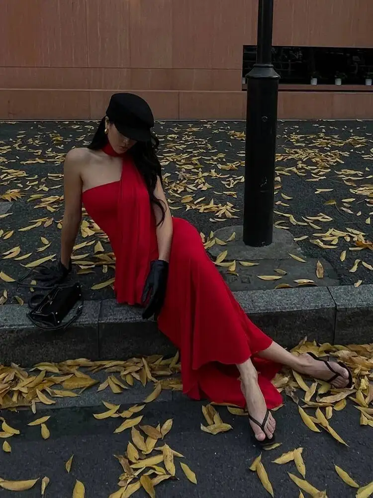 فستان حمالة صدر بياقة وشاح من WOMENGAGA أنيق للنساء لخريف وشتاء جديد عالي الخصر نحيف ملفوف على الورك فستان ذيل السمكة موضة S41L #4