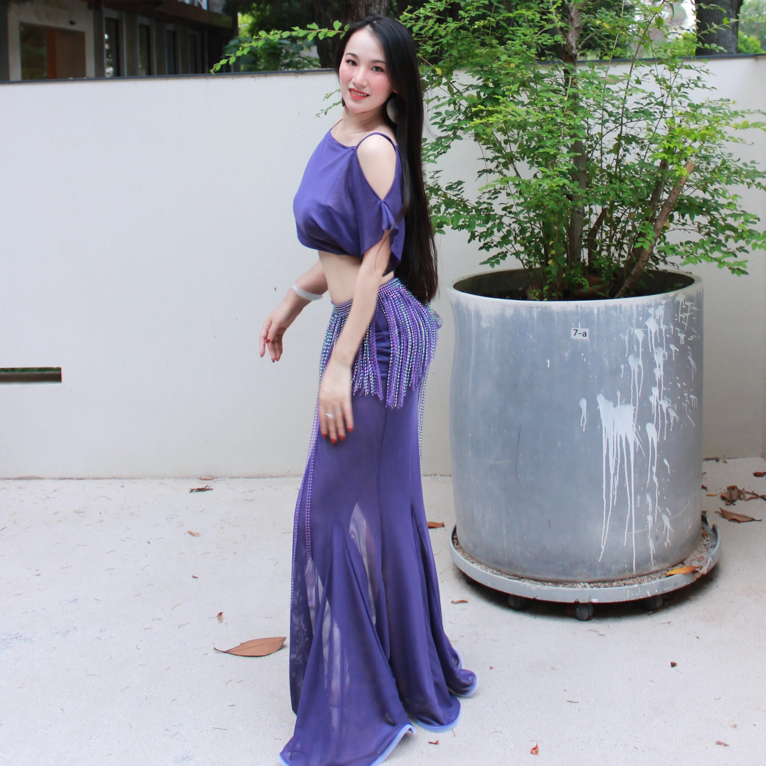 2025 traje de dança do ventre solto manga curta topo + sexy cauda de peixe saia longa conjunto para trajes de desempenho de dança oriental feminina