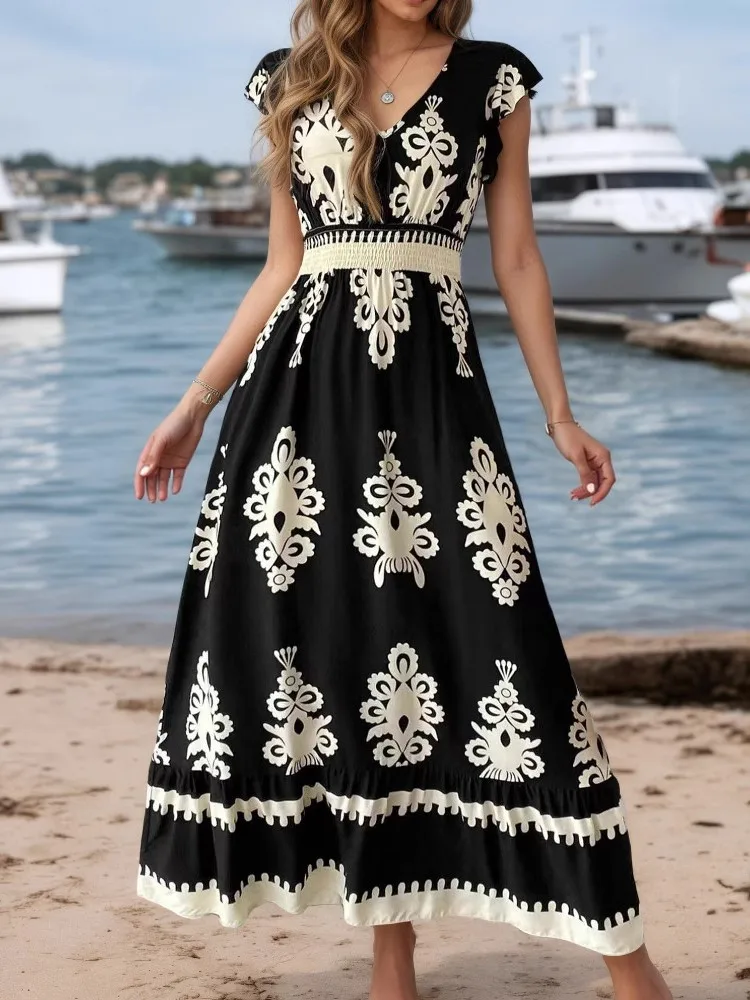 

2025 Long Dresses Summer Dress Elegant Vestidos Vintage Temperament Beachwear Slim Fashion Vacation Printed Vestido V-neck Beach