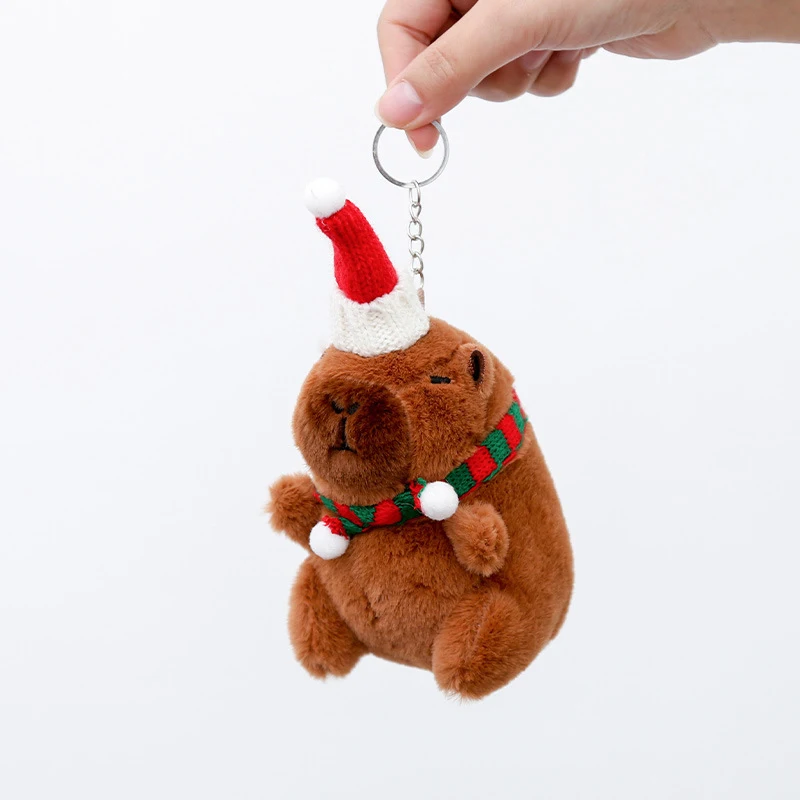 Christmas Hat Plush Capybara Doll Keychain Bag Charm Creative Stuffed Toy Backpack Pendant Xmas Birthday Gifts