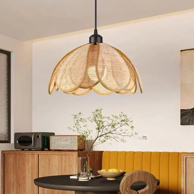 Wabi Sabi Luz Pingente Rattan Pétala Tecido Lustre de Teto Decoração de Casa para Quarto Sala de estar Mesa de Jantar Led Lâmpada Pendurada