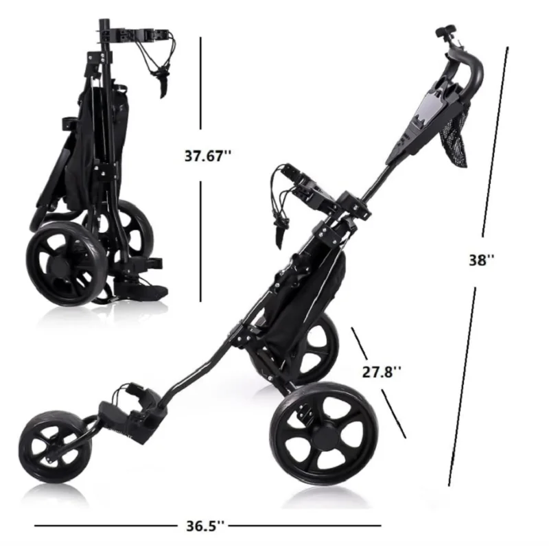 3 Wheels Folding Golf Push cart with Foot Brake & Phone Holder & Waterproof Cooler Bag, Portable Lightweight