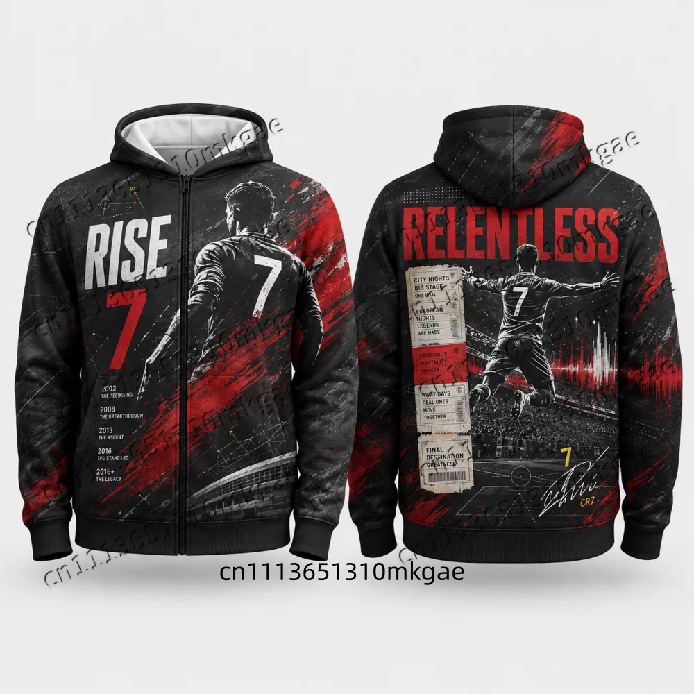 Men Football CR7 Zip Up Hoodie Retro Grunge Texture Sports Graphic Zipper Sweatshirt Casual Loose Streetwear Kids Zip Up Hoodie
