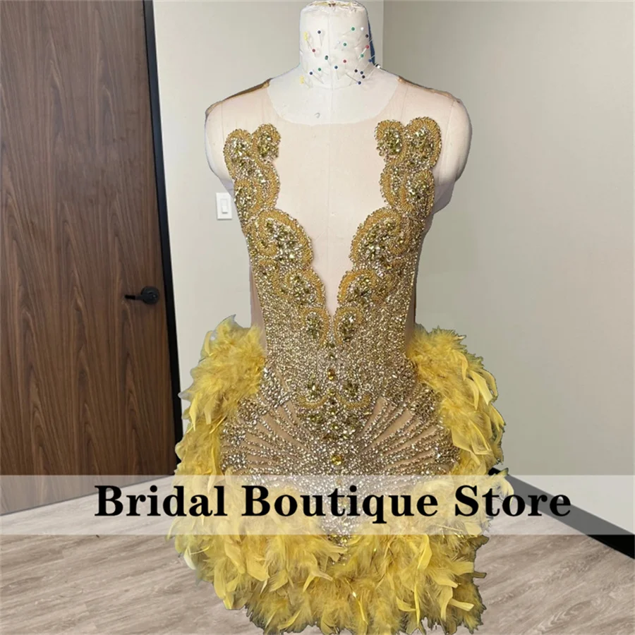 Sexy Gold Dimonds Prom Dress For Black Girls Graduation Gown Crystal Beads Rhinestones Birthday Party Cocktail Gown Robe