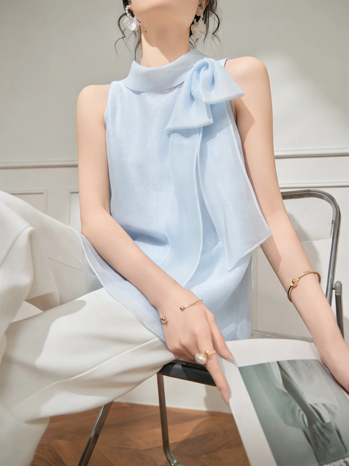 

Lulu Sweet Blue Bowknot Sleeveless Top Women Slimming Gentle Style Vest Small Shirt Summer Fashion plus Size Ladies Inner Wear