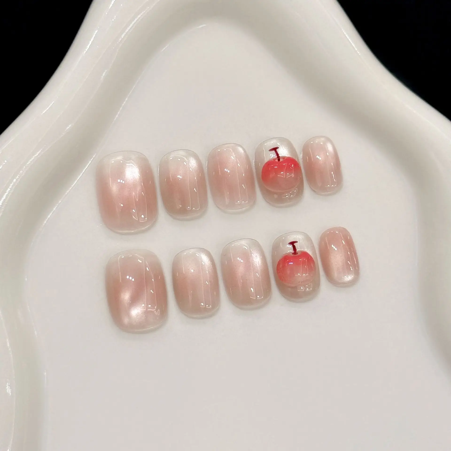 

10pcs Hand-painted 3D Cute Apple Press On Nails Blush Pink Short Round Fake Nails Shiny Cat Eye Little Fresh Handmade False Nail