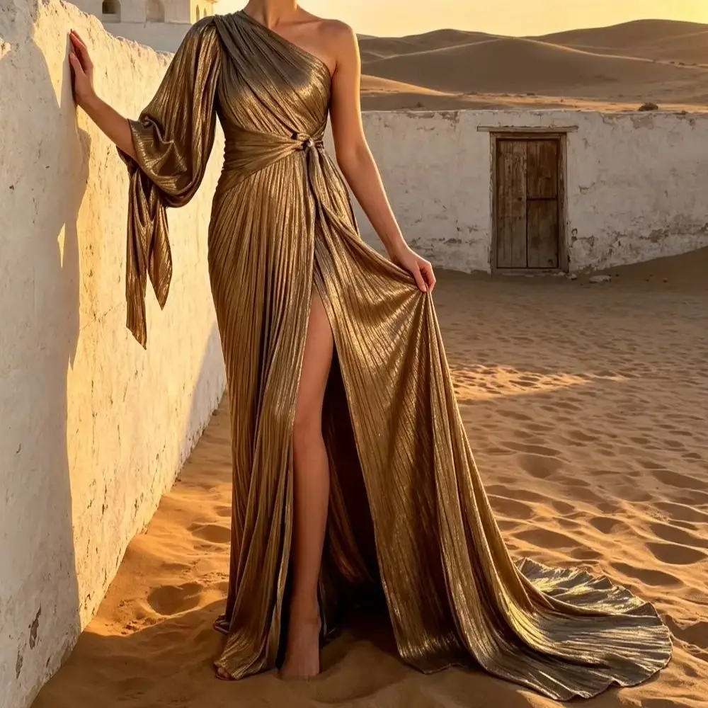 Customized One Shoulder Pleated Evening Dress with Asymmetrical Sleeves and Side Seams Elegant Ball Gown Suitable for Parties