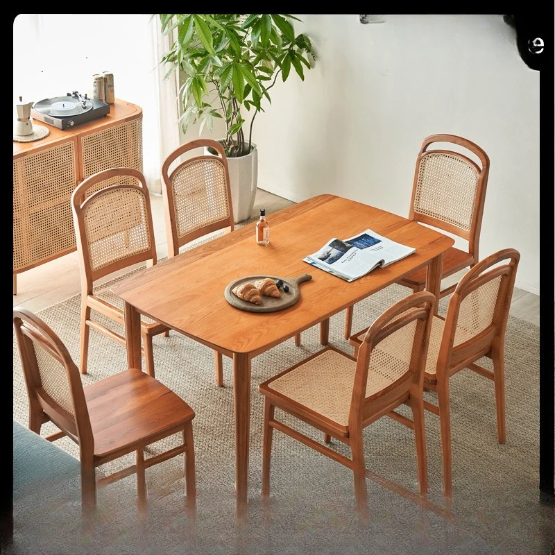 

New Chinese solid wood table household light luxury ash wood table rattan chair retro simple dining table