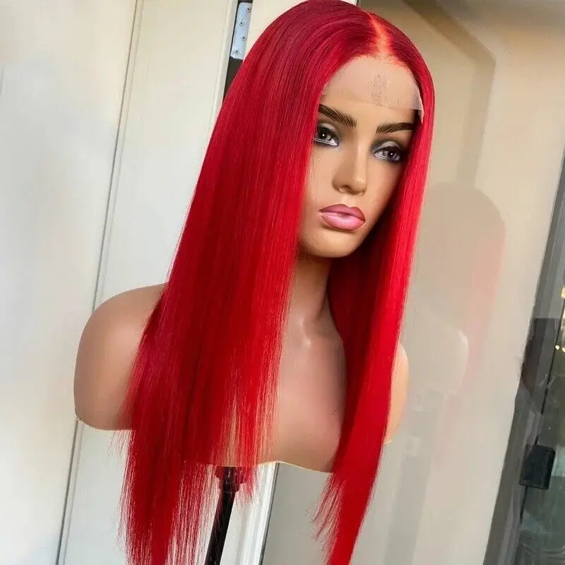 Long Straight Natural Heat Resistant Hair Mermaid red T Lace Front Wigs