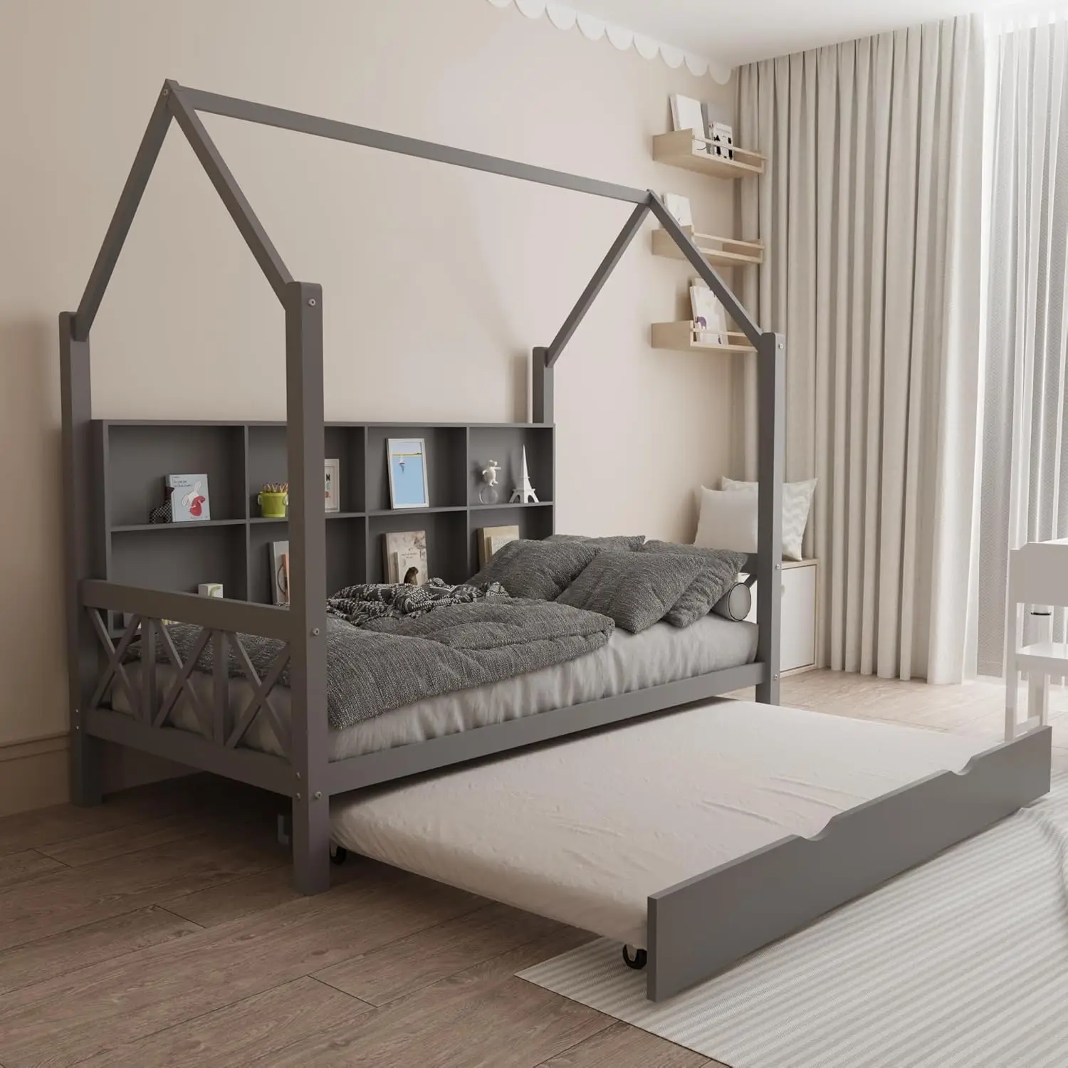 

Twin Bed Frame For Kids, House Bed With Trundle, Platform With Headboard And Wood Slats, Montessori House With Fence