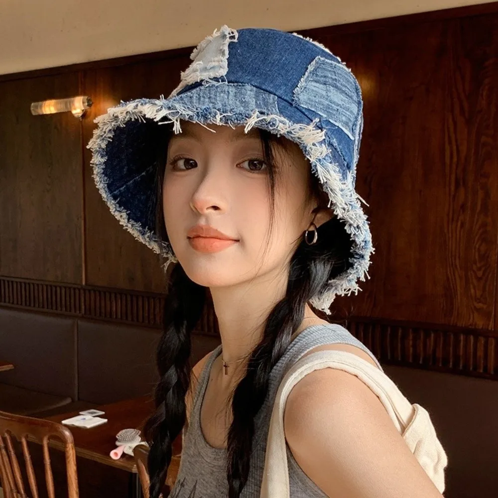 خمر الدنيم الياباني قبعة بحافة مرقع المتسول نمط الرجعية صياد قبعة الأزرق الربط الشمس حماية حوض قبعة النساء #2