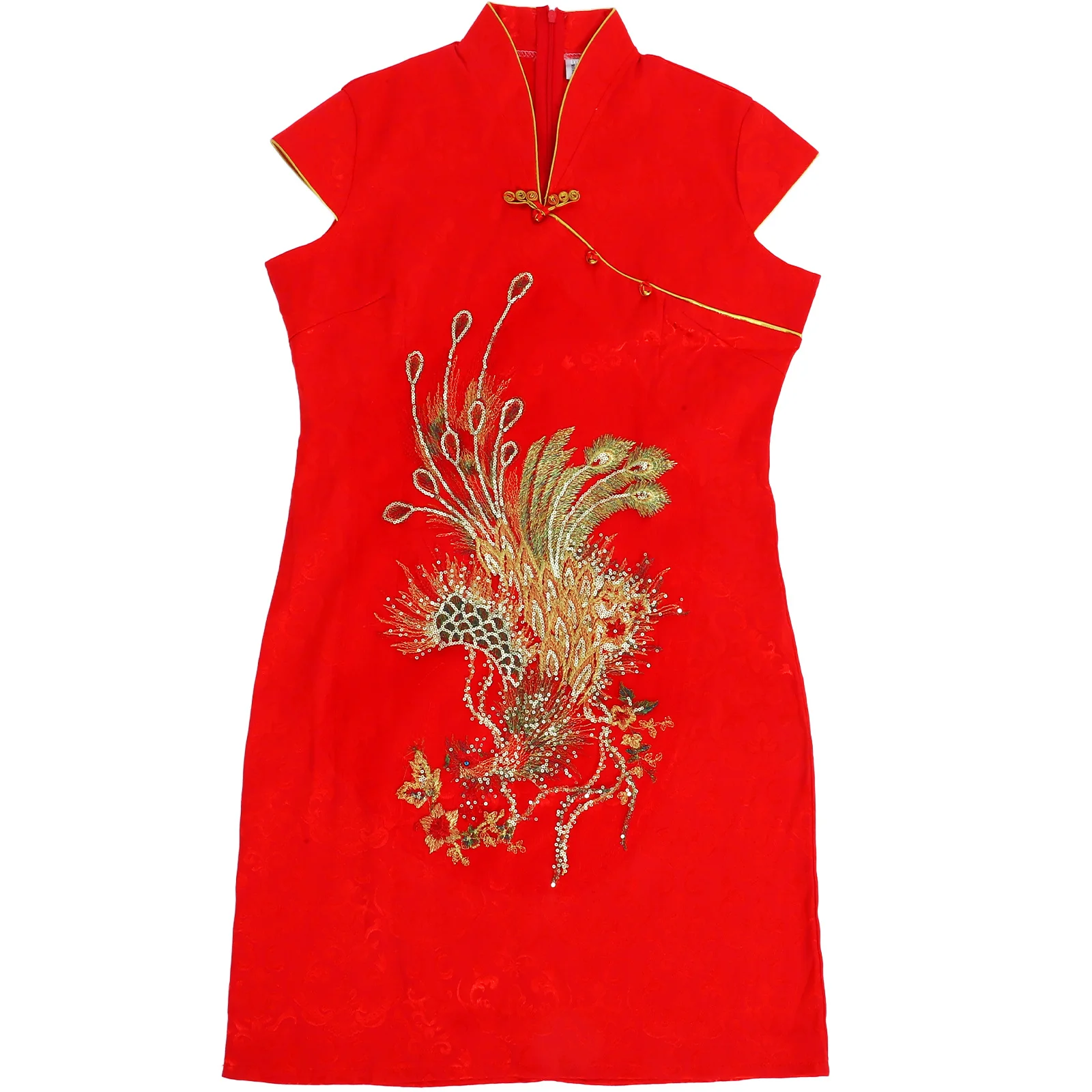 

Размер Xxl, красное китайское свадебное платье Cheongsam, тонкое Ципао с короткими рукавами и блестками, свадебное платье в китайском стиле, банкетное платье