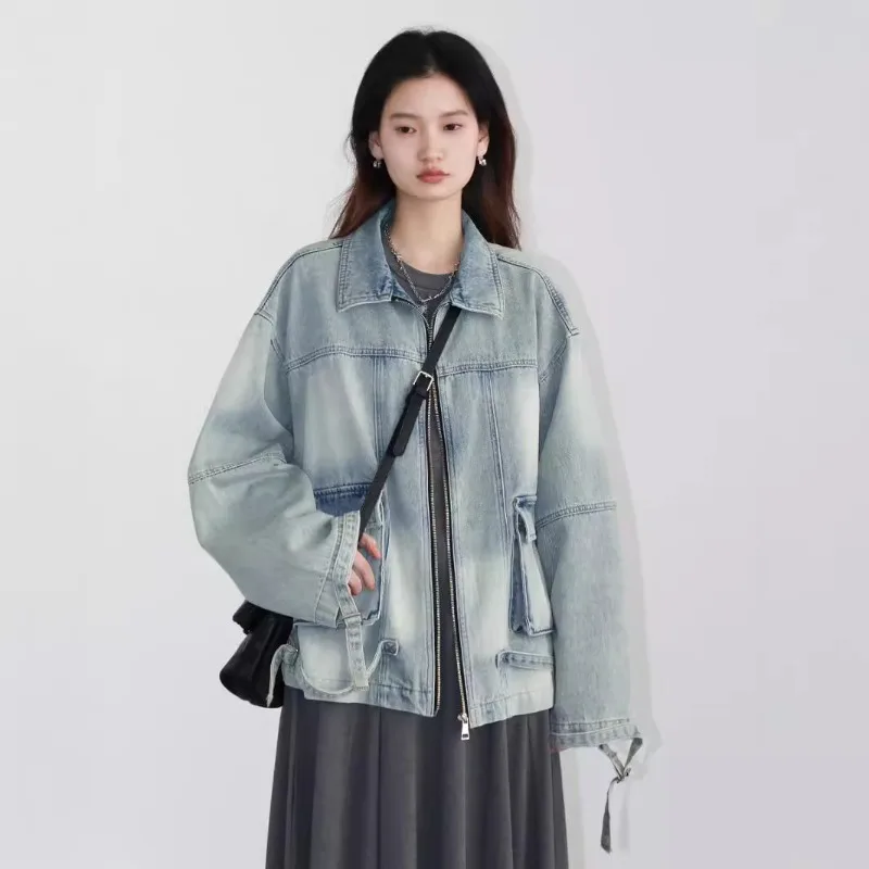 Women's Spring Autumn Tops Coat Cowboy Washed Old Long Sleeve Vintage Simple Comfortable Casual Designed Niche Versatile Skinny