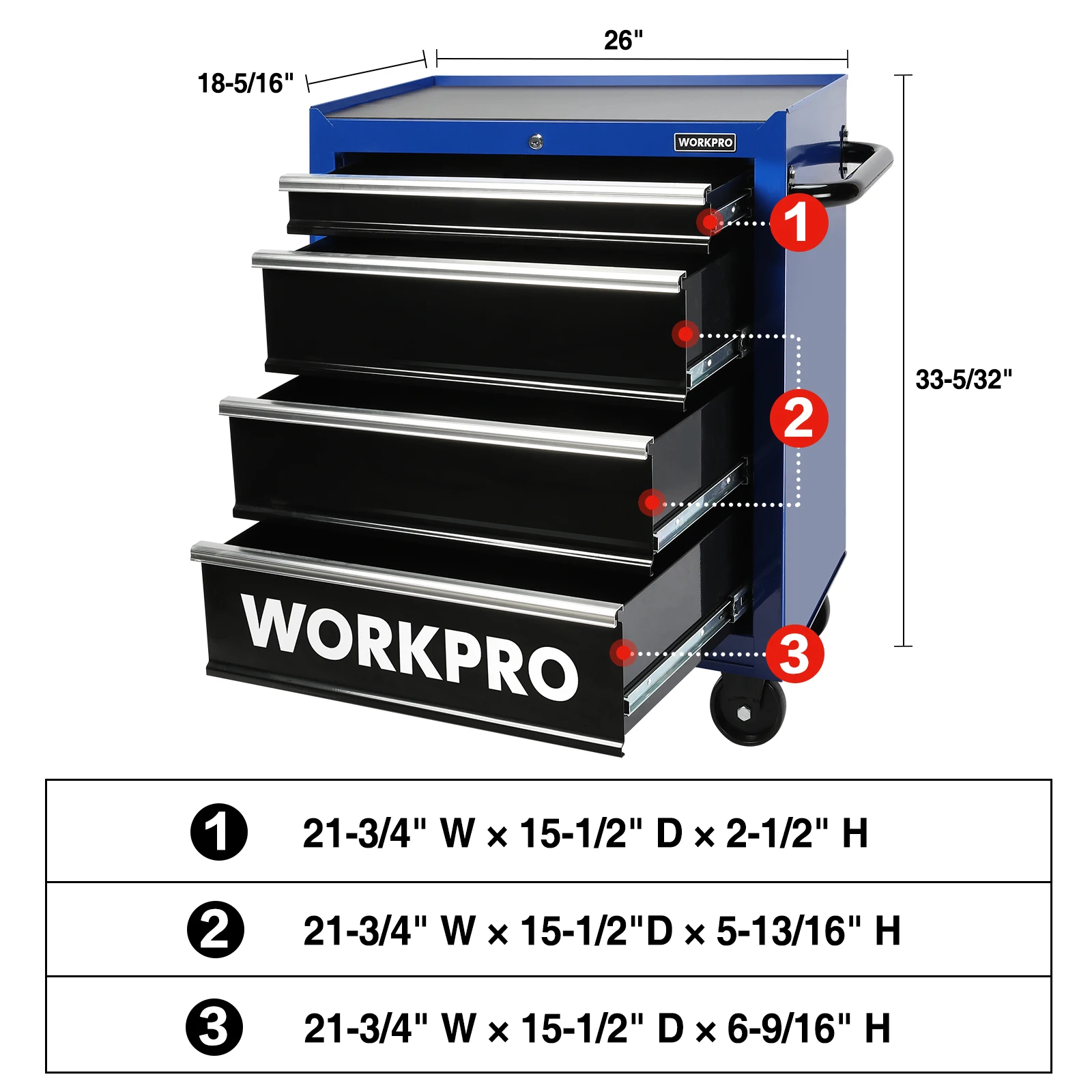 WORKPRO 26in.4-Drawer Rolling Tool Storage Cabinet Removable Tool Storage Cabinet Thickened Load-Bearing Tool Cabinet