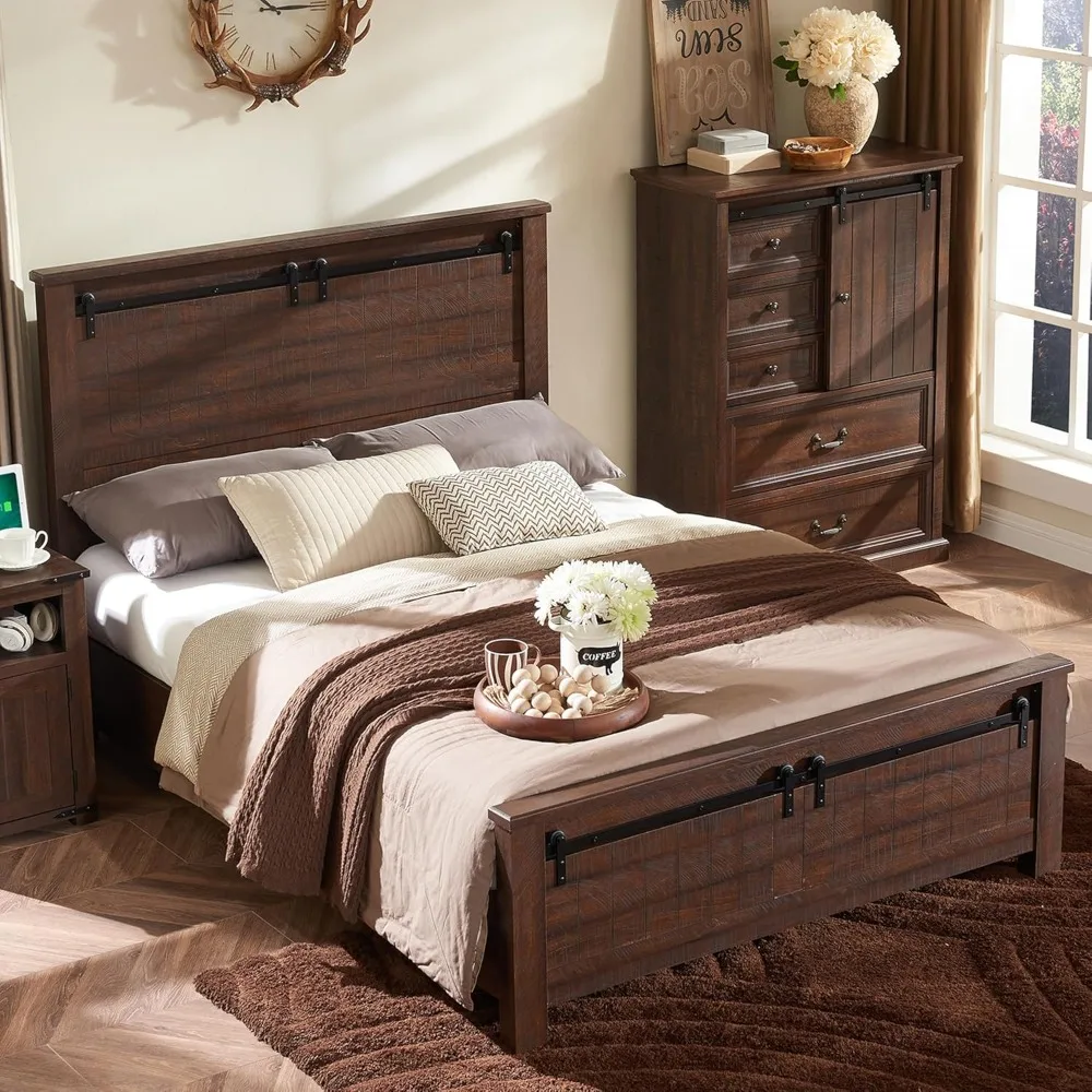 

Full Size Bed Frame with 47" Headboard, Wood Bed Frame with Groove Sliding Barn Door Footboard, Platform Bed with Wood Slats