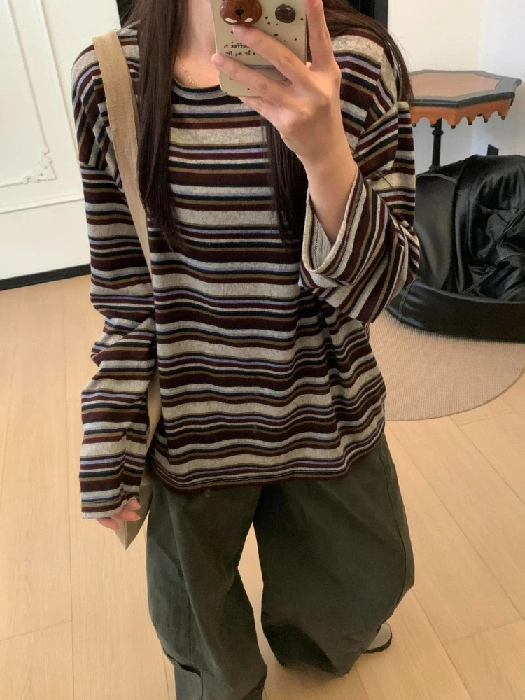 

HOUZHOU Vintage Striped T-Shirts Harajuku Japanese Style Loose Tees Autumn Winter Preppy Style Long Sleeve T-Shirts Streetwear
