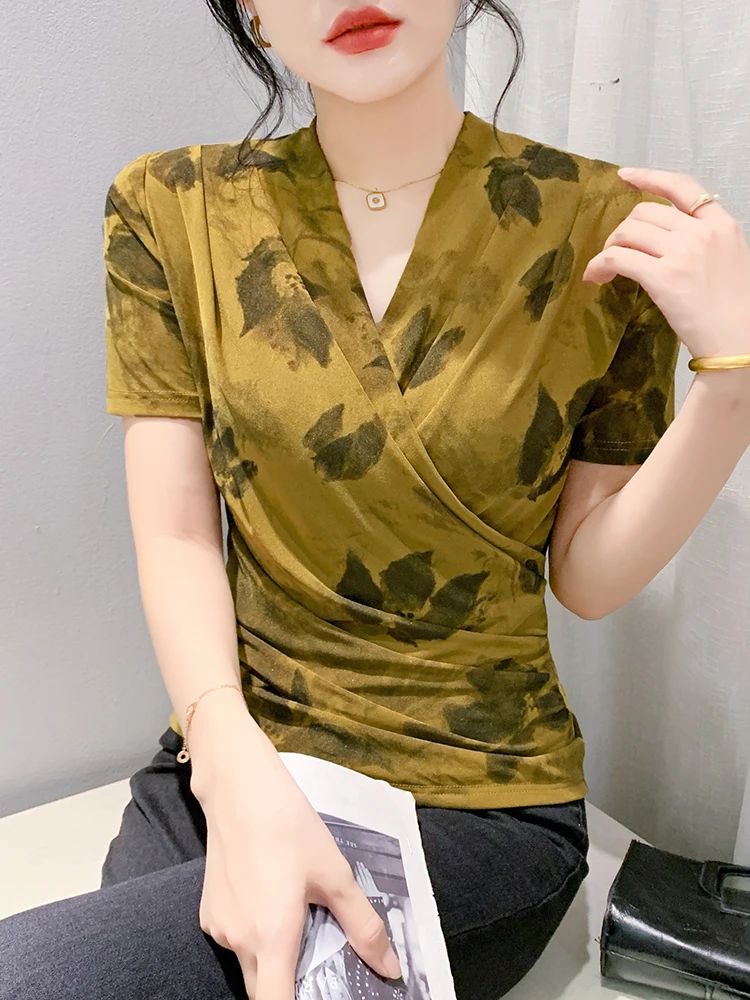 Sexy V-Neck Mesh Short Sleeve T-Shirt Women's Tight Dyeing Print Top Gathered Waist Summer Korean Style Commute Fashion